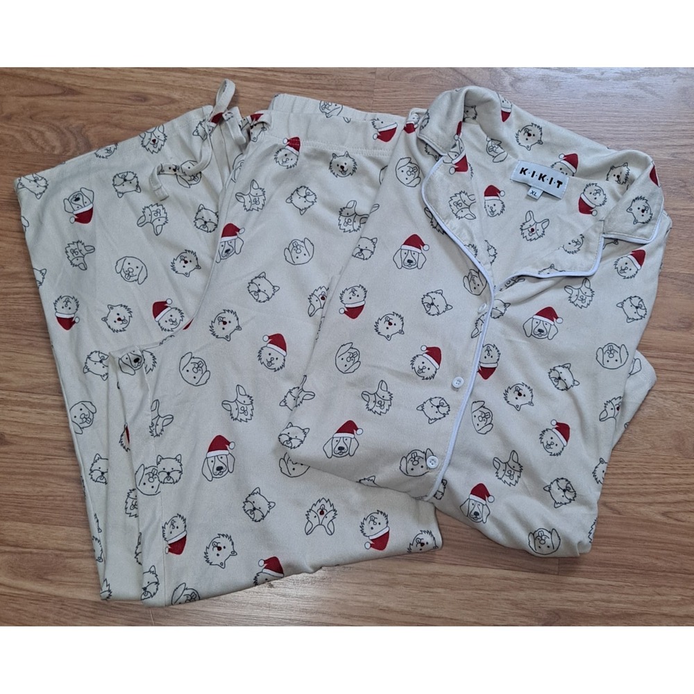 Women's Kikit 2 Piece Soft Knit Pajama Top/Bottom XL Ivory Dogs W/Santa Hats